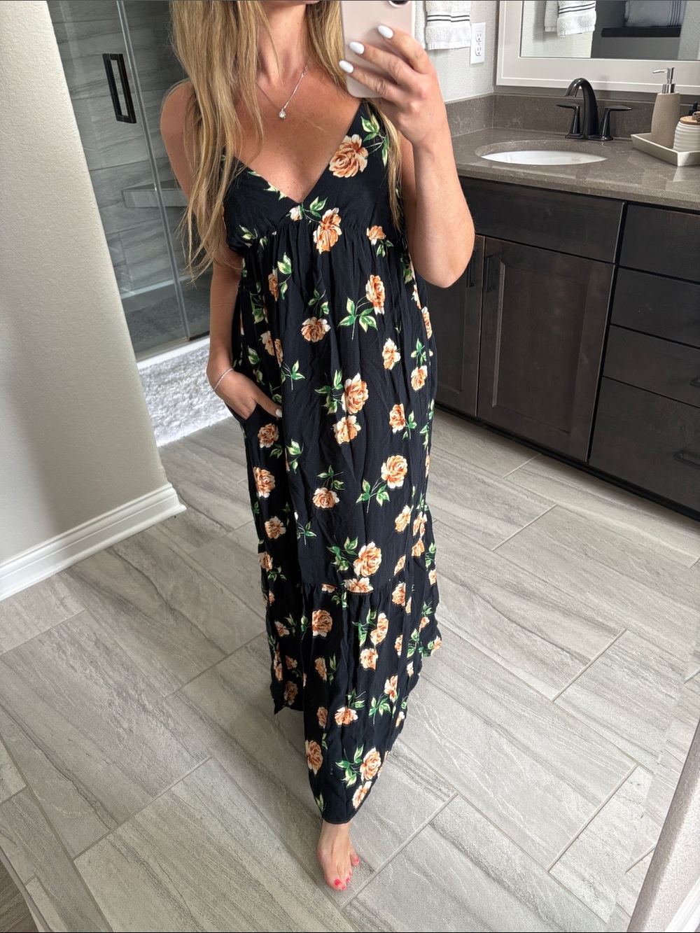 Old Navy Black Maxi Dress with Peach Floral Print